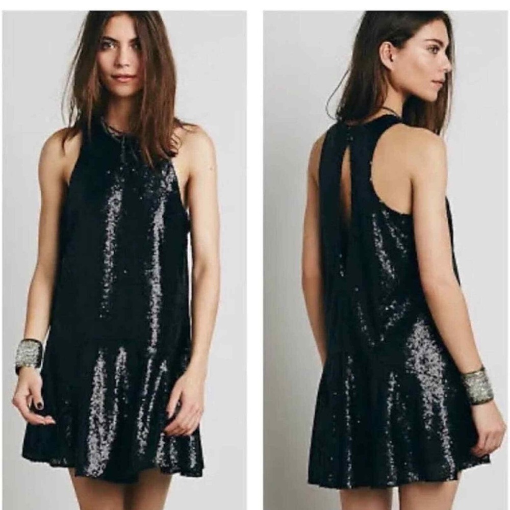 Free People Black Sequin Dress with Pretty Open Back Slit Medium